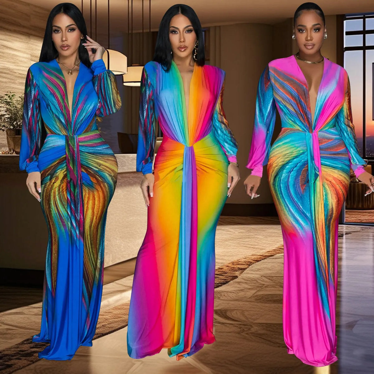 Ruched Deep V Neck Tummy Control Maxi Dress