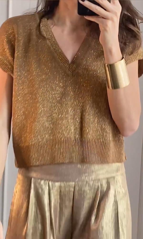 Women's Golden Thread Short-sleeved Top and Pant Suit Two-piece