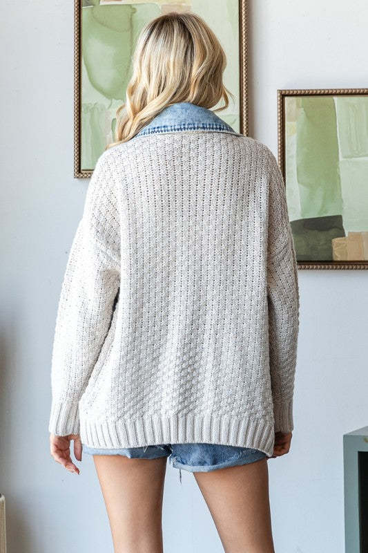 Denim Patchwork Knit Cardigan with Pockets