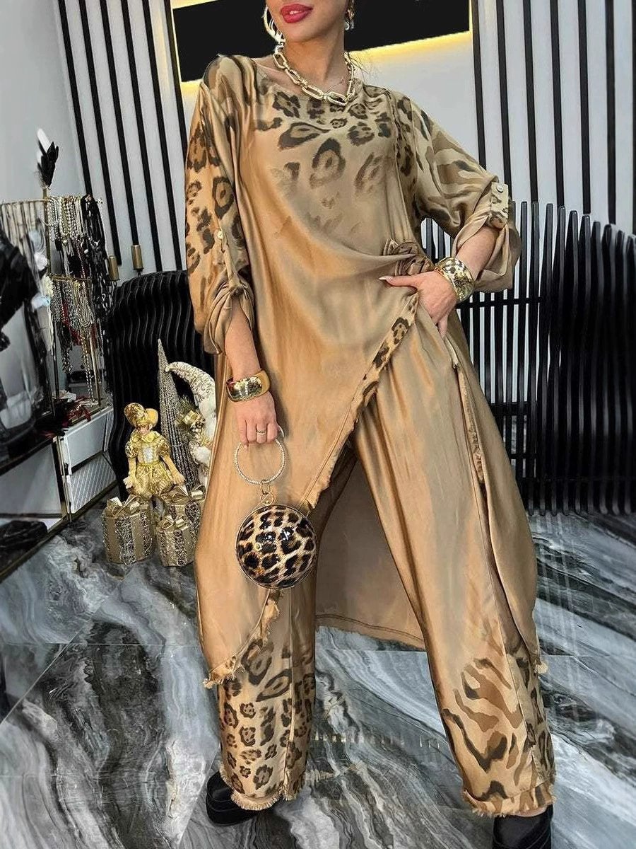 Women's Round Neck Irregular Leopard Print Gradient Casual Suit