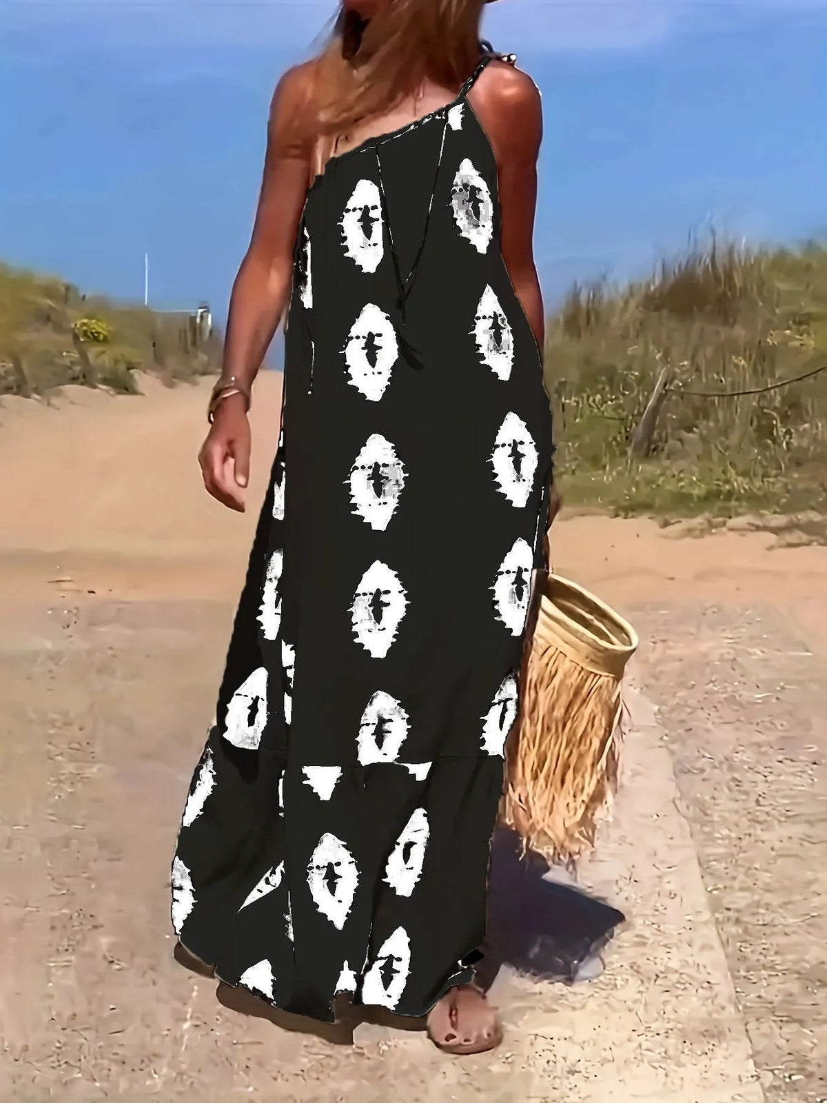 Plenty of Sunshine Ethnic Print One Shoulder Loose Maxi Dress
