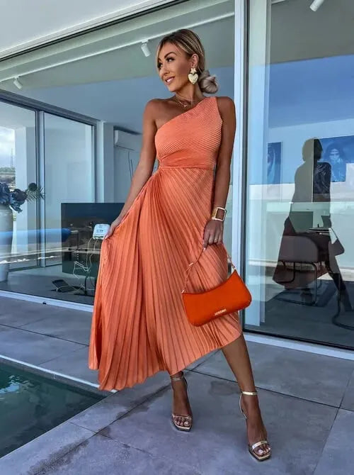 Stunning One - Shoulder Pleated Cut - Out Dress
