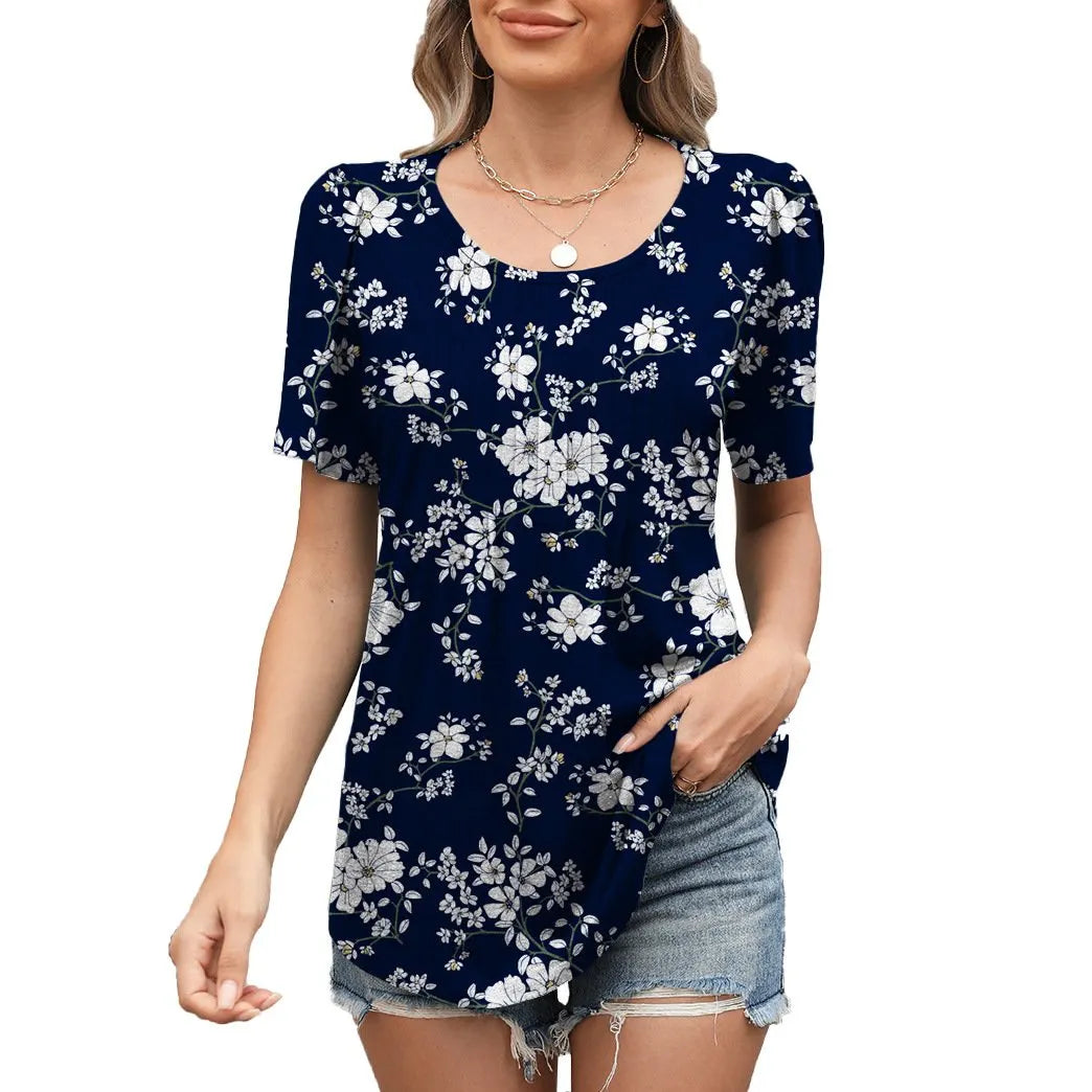 Summer Loose Pleated Round Neck Short Sleeve T-Shirt