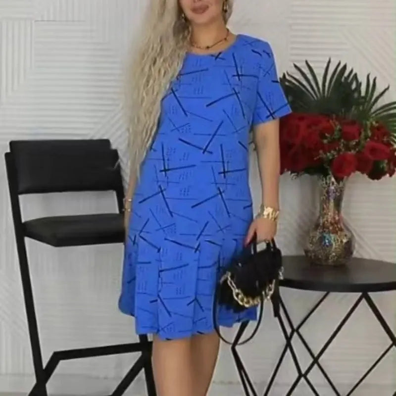 Women’s Trendy Print Loose Fit Short Sleeve Pleated Dress