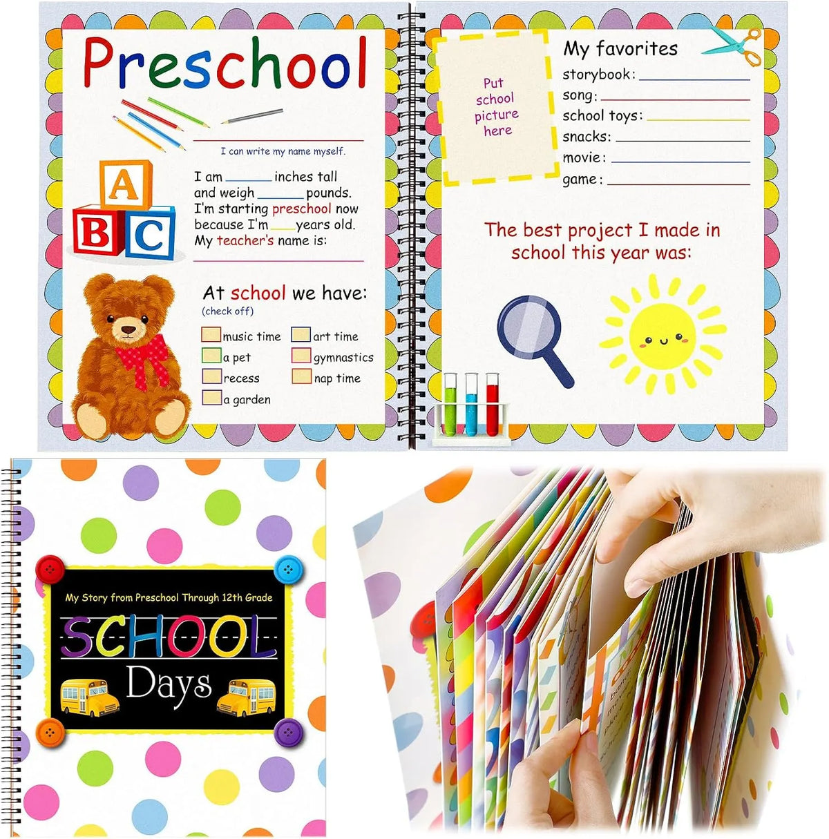 🔥HOT SALE🔥🏫School Memory Book & Keepsake Scrapbook (Preschool to 12th Grade) - 10"x12.24" Photo Album Portfolio with 14 Storage Pockets for Artworks, Report Cards & Certificates - Back to School & Graduation Gift for Kids