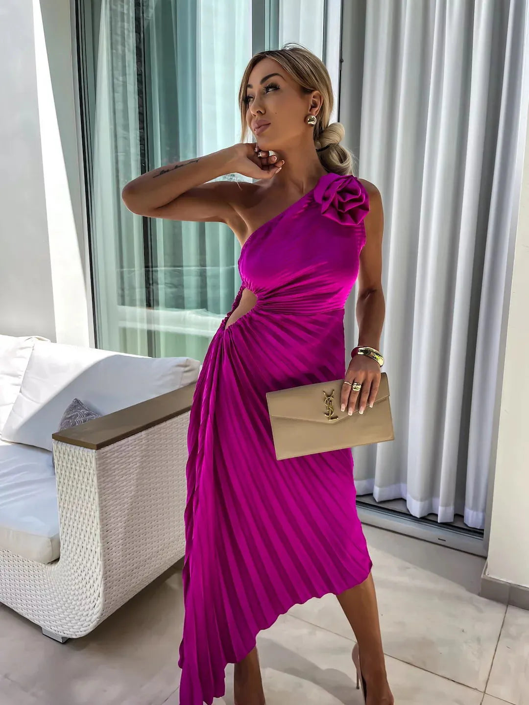 Romantic Nights Satin Raised Flower Elastic Cutout One Shoulder Pleated Maxi Dress