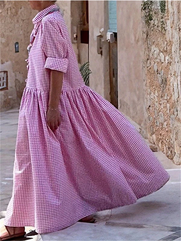 Comfy Oversize Plaid Lapel Collar Long Sleeve Dress