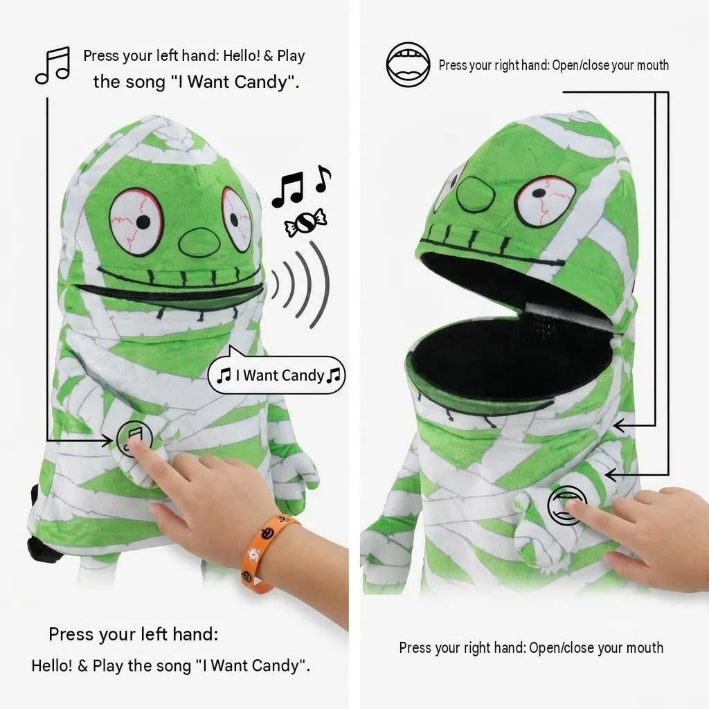 🎉🧟 Interactive Singing Mummy Plush Kids Backpack | Halloween Trick-or-Treat Candy Bag