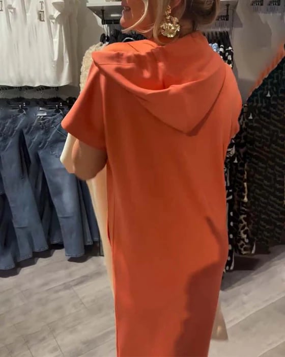 Solid Color Short Sleeve Hoodie Pocket Dress for Women
