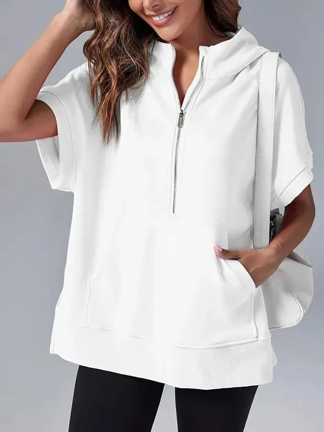 Oversized Casual Half Zip Short Sleeve Pullover Tops with Pockets (Buy 2 Free Shipping)