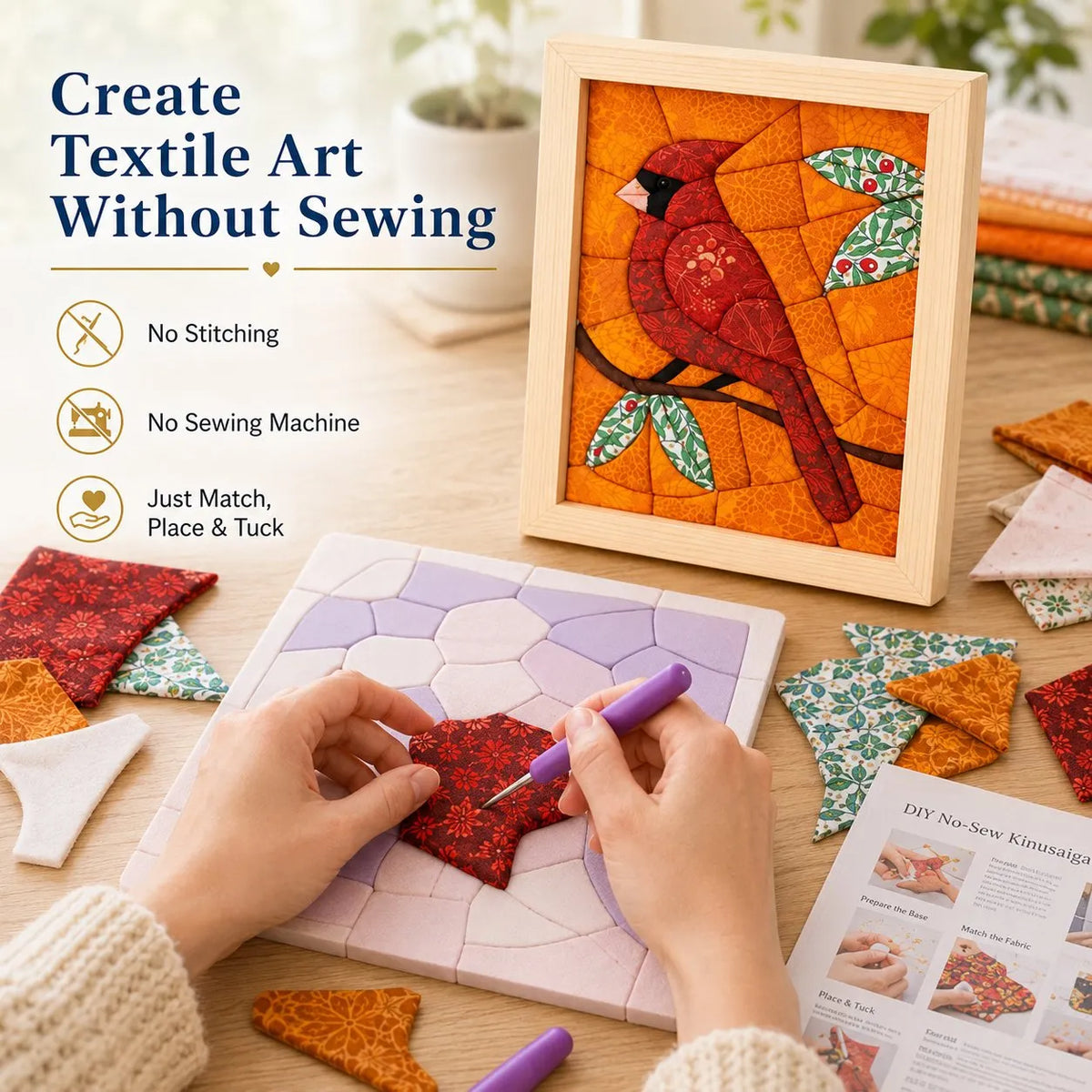 🧵 Premium No-Sew Kinusaiga Fabric Art Kit | Layered Fabric Tucking Craft with Nature-Inspired Designs DIY Handmade Textile Decor ✨