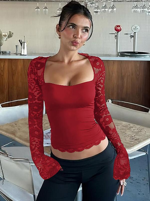 💖Women's Solid Color T-Shirt – Floral Lace, Split Ruffles & Sheer Sleeves for a Romantic Look ✨